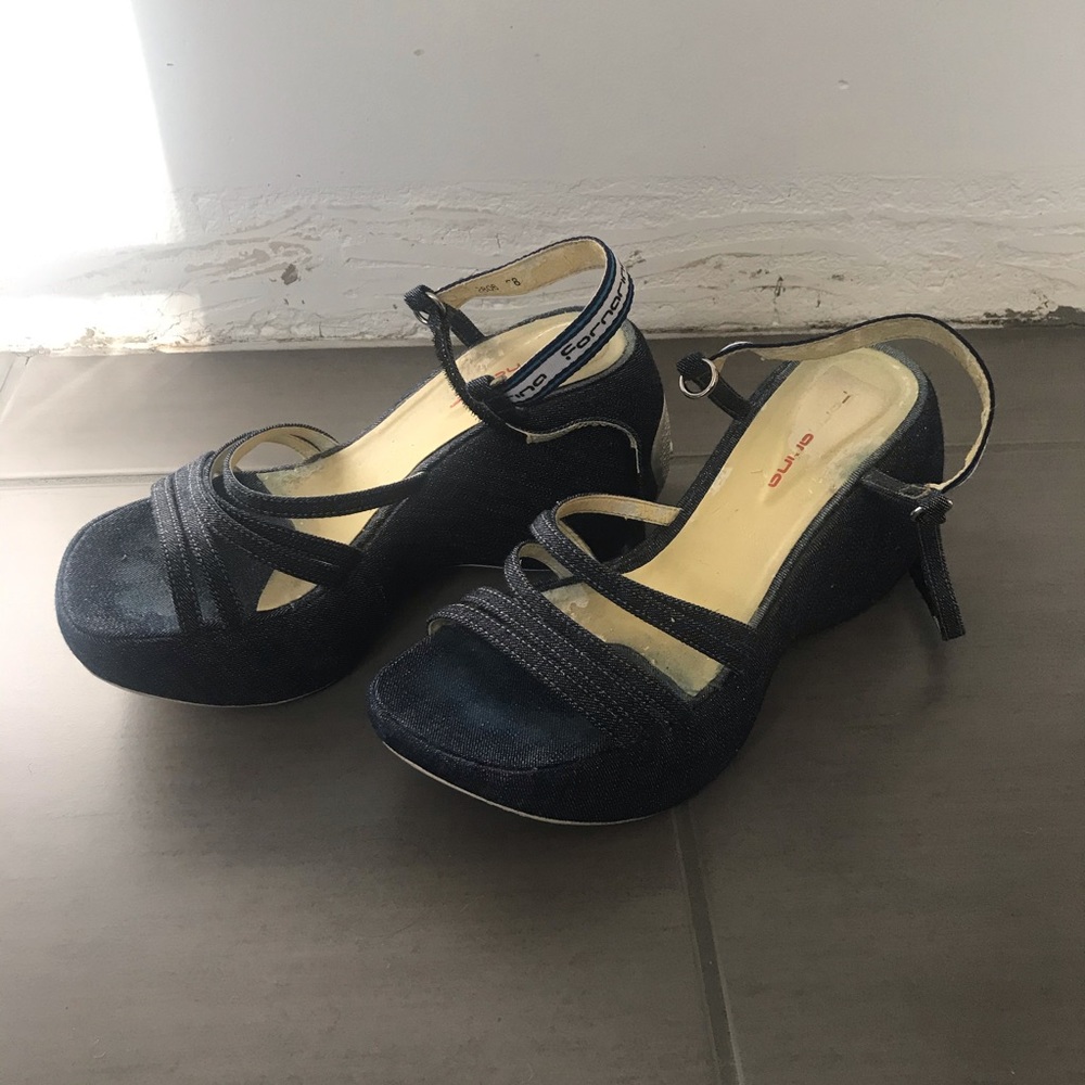 Vintage 90s Fornarina Denim Platform Wedge Sandals